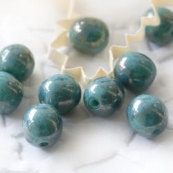 Czech Glass Round Beads 7 mm Turquoise Marbled Gold Finish 20 pcs