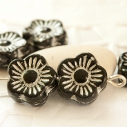 Czech Glass Flowers 10 mm Black with Silver inlays 10 pcs