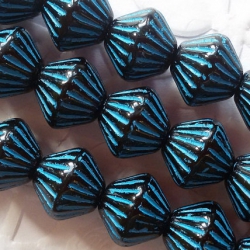Pressed Bicone Beads 11 mm Black with Blue Tops 4 pcs